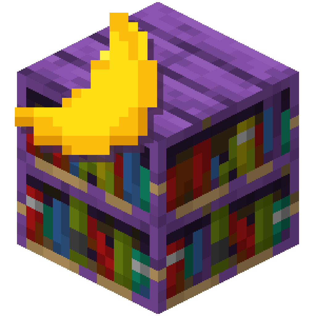 A purple isometric bookshelf with a yellow crescent